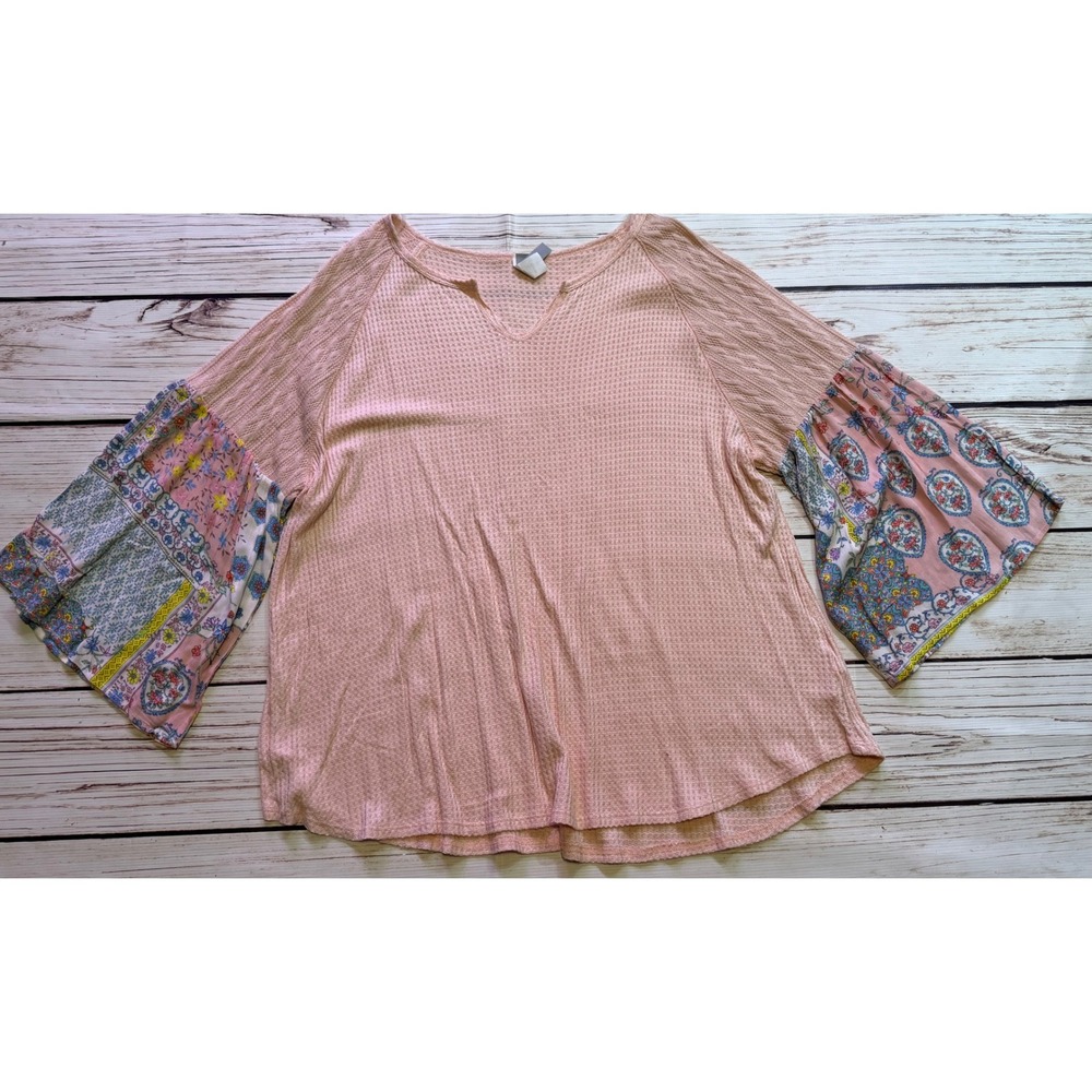 Honeyme Curvy Pink Waffle Knit Boho Bell Sleeve Floral Patchwork Top XXXL